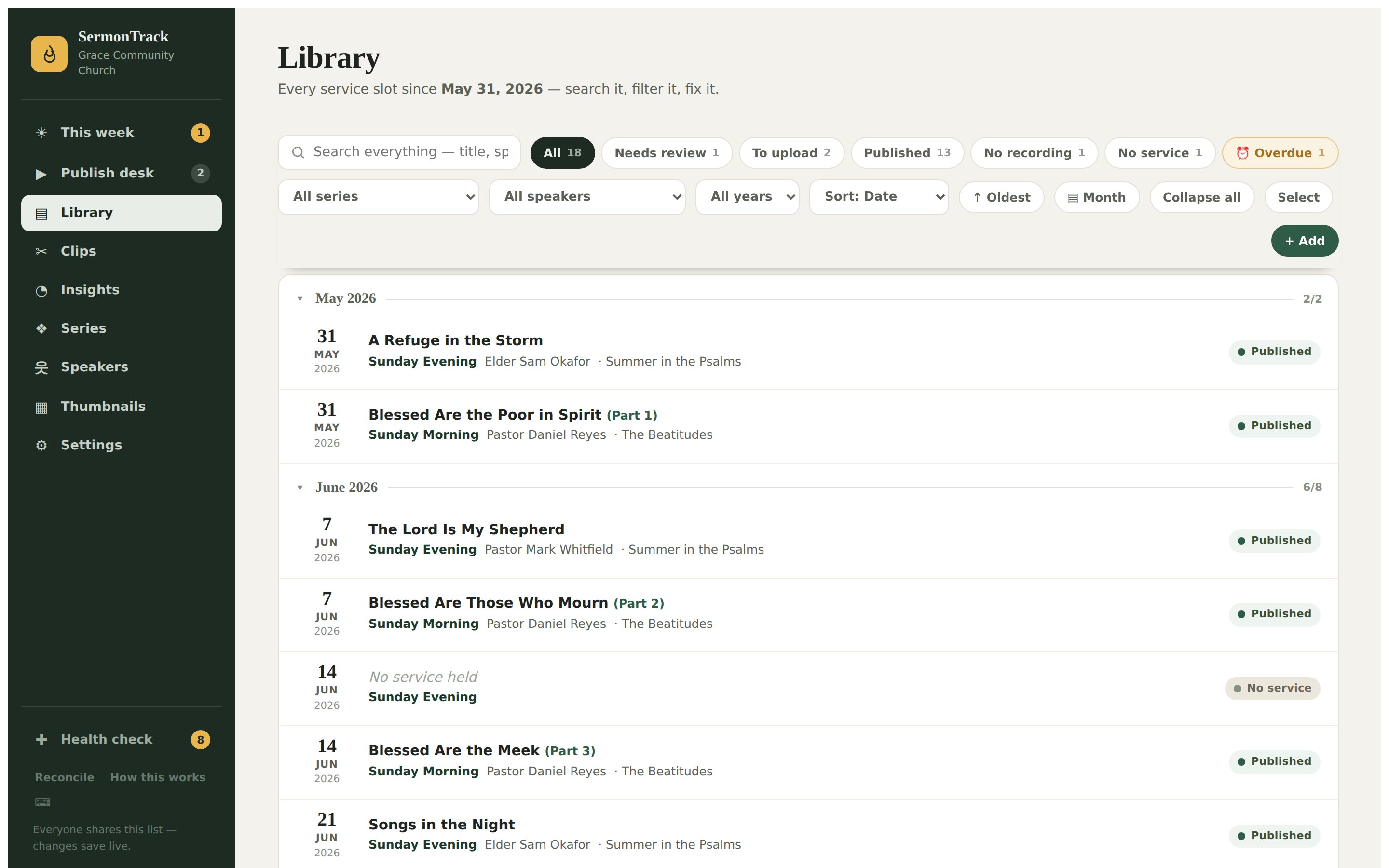 The library screen listing every service slot by month with Published, No service and No recording badges.
